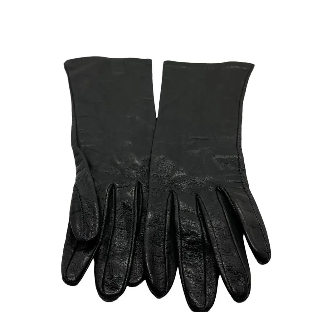 Black Leather Gloves Made in Italy Silk Lined Vintage 1960s Women's Size 7